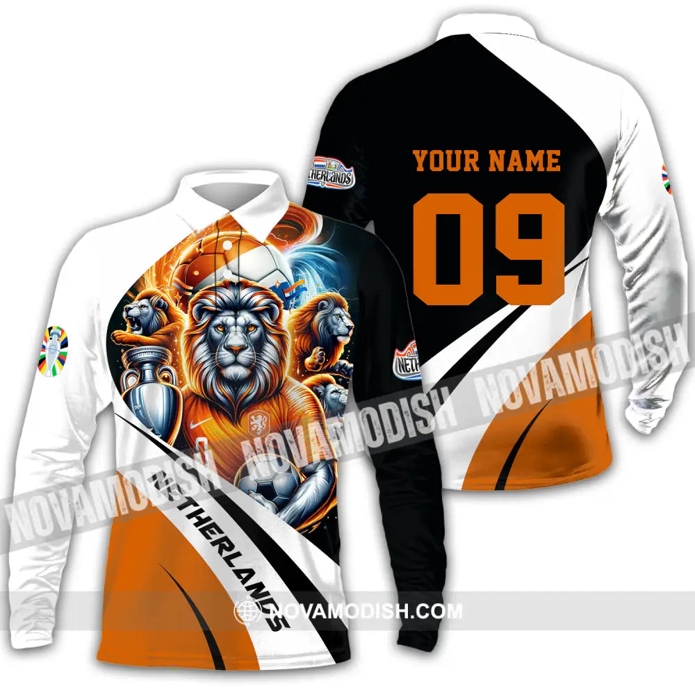 Unisex Shirt - Custom Name And Number Euro 2024 Shirt National Team Orange Lion Netherlands Long Sleeve Polo / S T-shirt