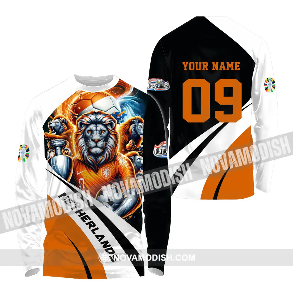 Unisex Shirt - Custom Name And Number Euro 2024 Shirt National Team Orange Lion Netherlands Long Sleeve Shirt / S