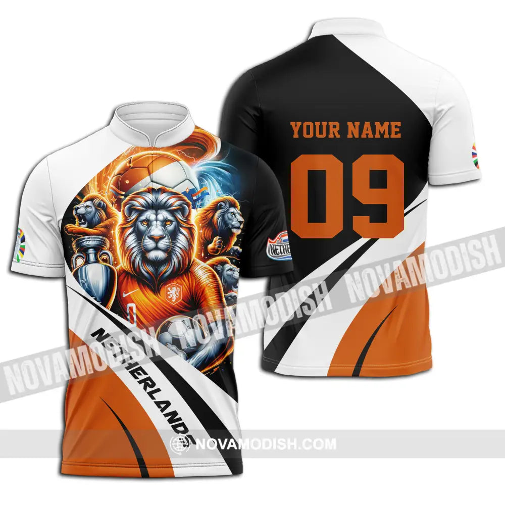 Unisex Shirt - Custom Name And Number Euro 2024 Shirt National Team Orange Lion Netherlands Zipper Polo Shirt / S