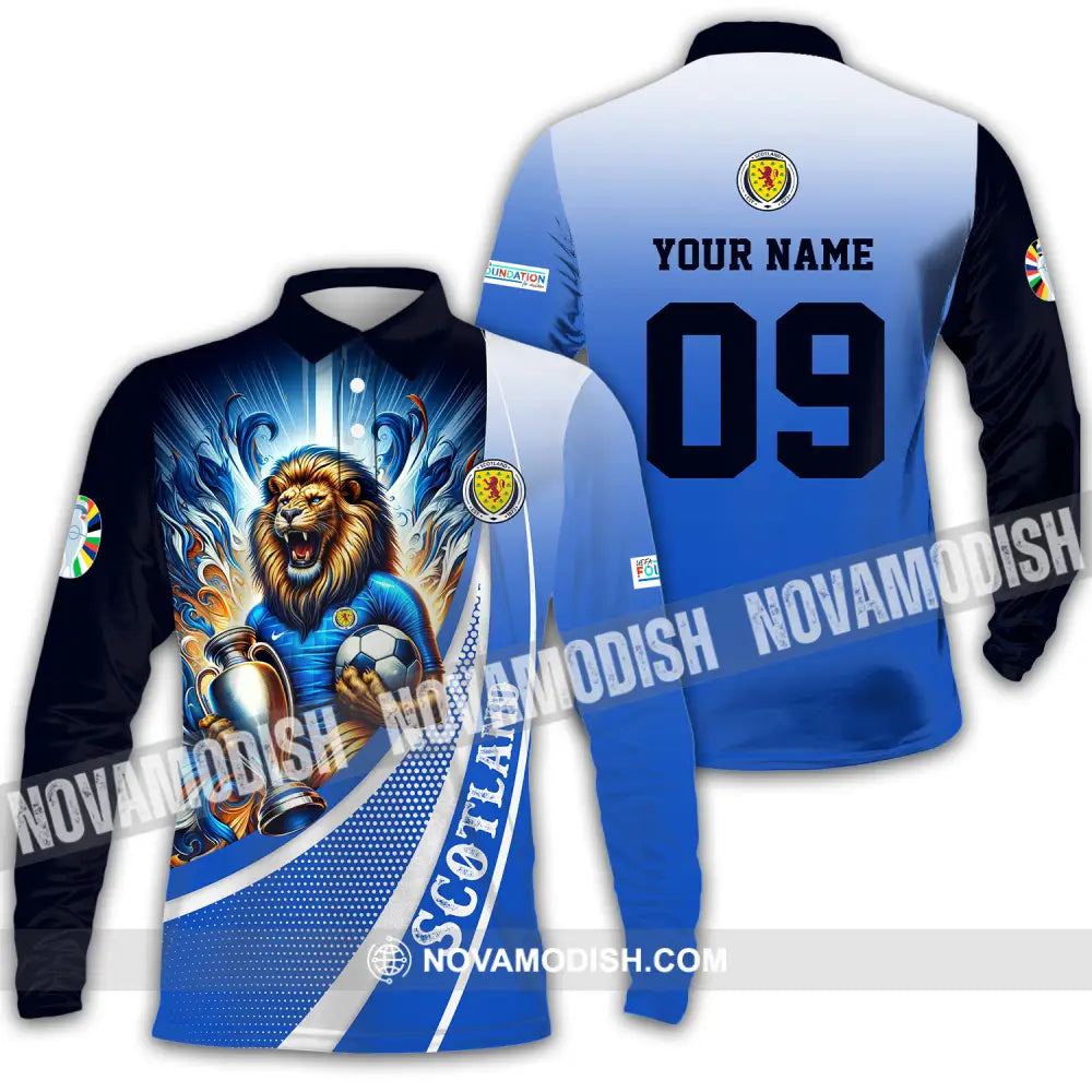 Unisex Shirt - Custom Name And Number Euro 2024 Shirt National Team Scotland Lion Holding Cup Long Sleeve Polo / S