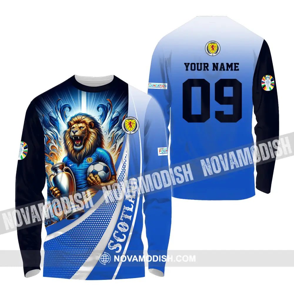 Unisex Shirt - Custom Name And Number Euro 2024 Shirt National Team Scotland Lion Holding Cup Long Sleeve Shirt / S