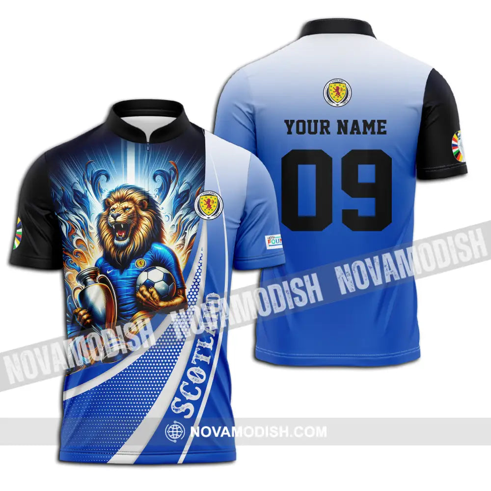Unisex Shirt - Custom Name And Number Euro 2024 Shirt National Team Scotland Lion Holding Cup Zipper Polo Shirt / S