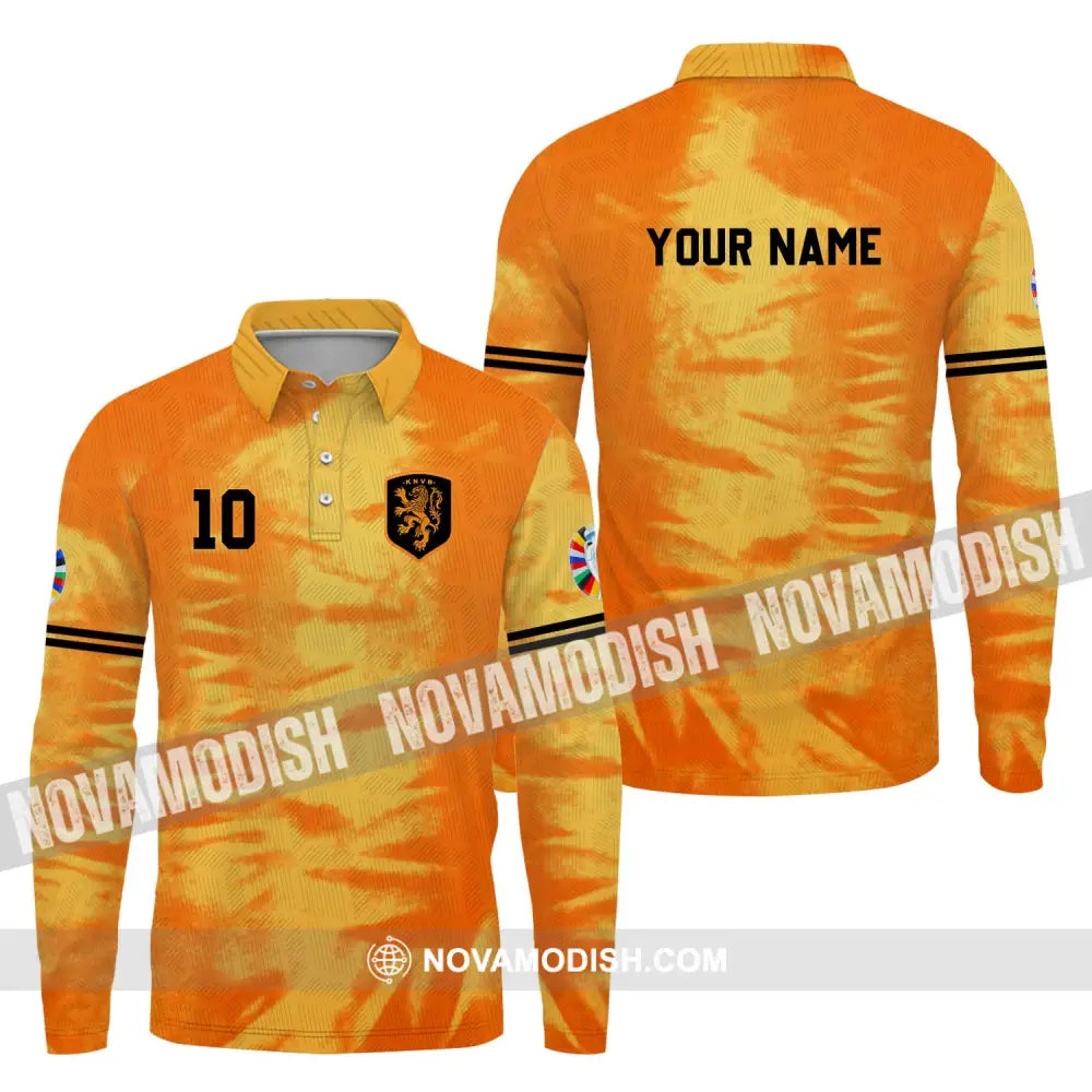Unisex Shirt - Custom Name And Number Euro 2024 Shirt Orange Netherlands Shirt Long Sleeve Polo / S T-shirt