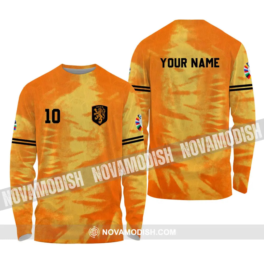 Unisex Shirt - Custom Name And Number Euro 2024 Shirt Orange Netherlands Shirt Long Sleeve Shirt / S T-shirt