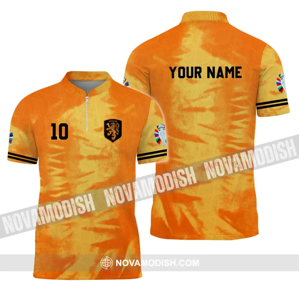Unisex Shirt - Custom Name And Number Euro 2024 Shirt Orange Netherlands Shirt Zipper Polo Shirt / S T-shirt