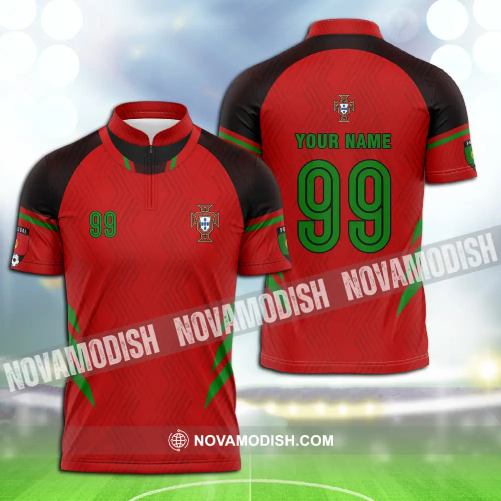 Unisex Shirt - Custom Name And Number Shirt Euro 2024 Portugal National Team Red Shirt Zipper Polo Shirt / S T-shirt