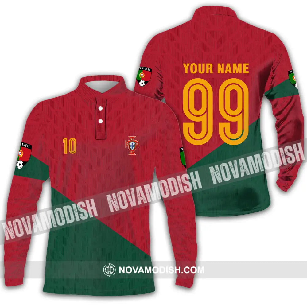 Unisex Shirt - Custom Name And Number Shirt Euro 2024 Red And Green Shirt Portugal National Team Long Sleeve Polo / S