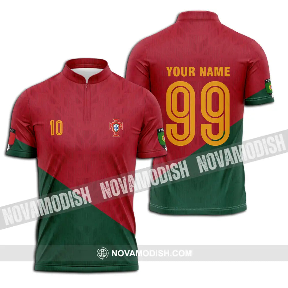 Unisex Shirt - Custom Name And Number Shirt Euro 2024 Red And Green Shirt Portugal National Team Zipper Polo Shirt / S