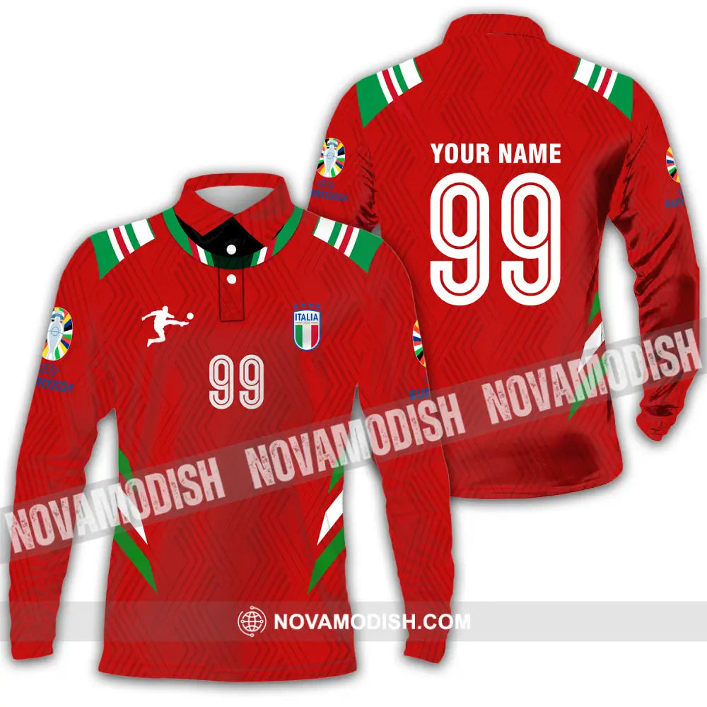 Unisex Shirt - Custom Name And Number Shirt Euro 2024 Red Shirt Italy National Team Long Sleeve Polo / S T-shirt
