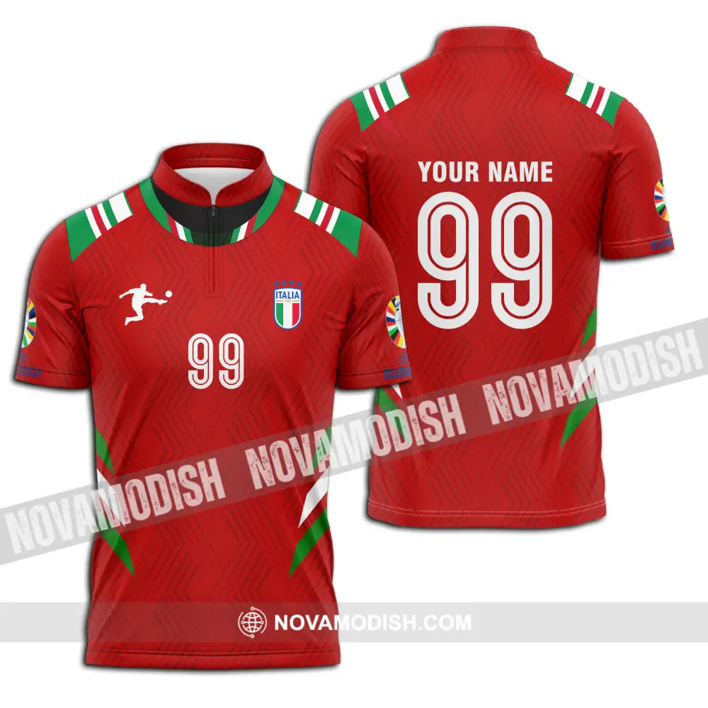 Unisex Shirt - Custom Name And Number Shirt Euro 2024 Red Shirt Italy National Team Zipper Polo Shirt / S T-shirt