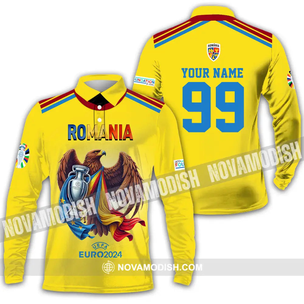 Unisex Shirt - Custom Name And Number Shirt Euro 2024 Romania Gold Cup Long Sleeve Polo / S T-shirt