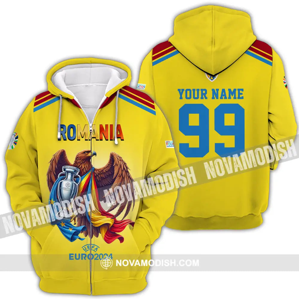 Unisex Shirt - Custom Name And Number Shirt Euro 2024 Romania Gold Cup Zipper Hoodie / S T-shirt
