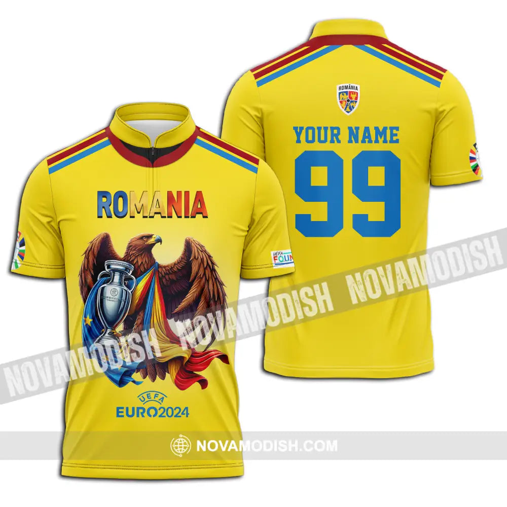 Unisex Shirt - Custom Name And Number Shirt Euro 2024 Romania Gold Cup Zipper Polo Shirt / S T-shirt