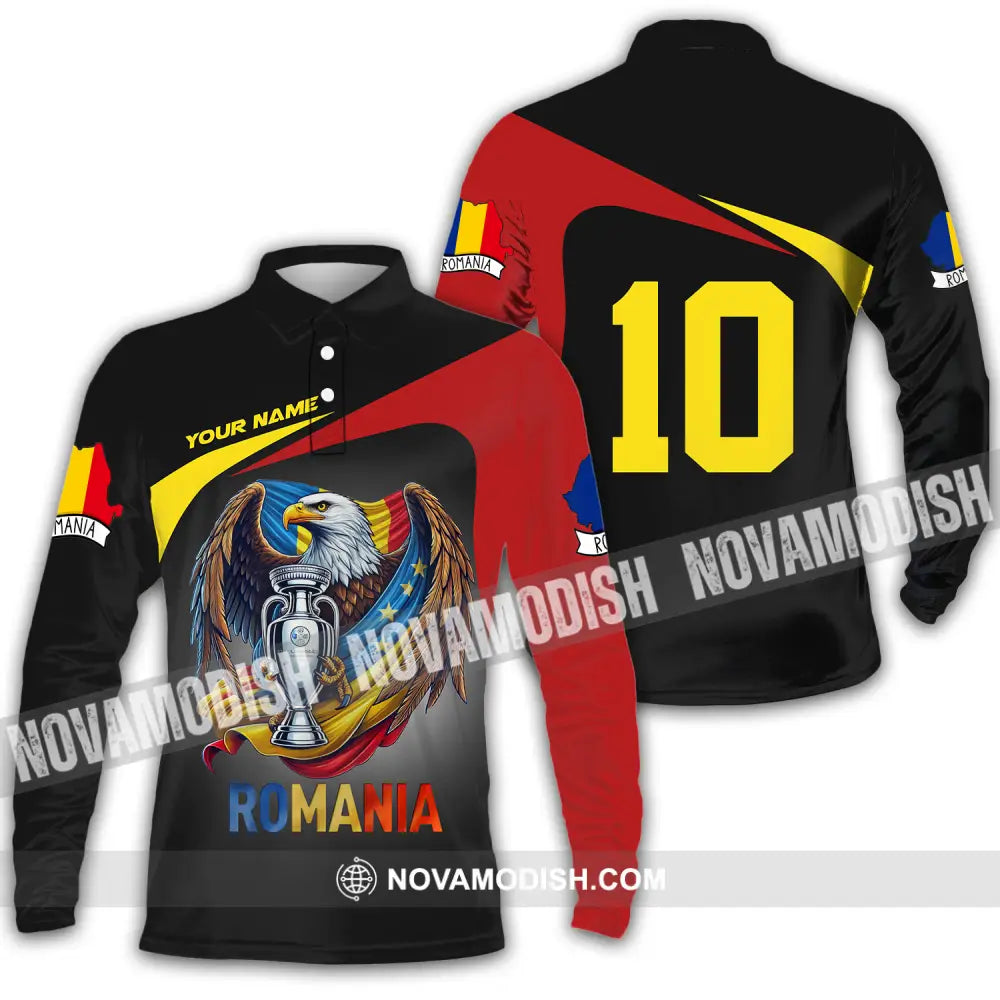 Unisex Shirt - Custom Name And Number Shirt Euro 2024 Romania Long Sleeve Polo / S T-shirt