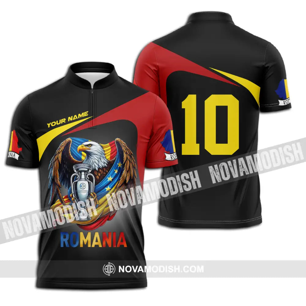 Unisex Shirt - Custom Name And Number Shirt Euro 2024 Romania Zipper Polo Shirt / S T-shirt