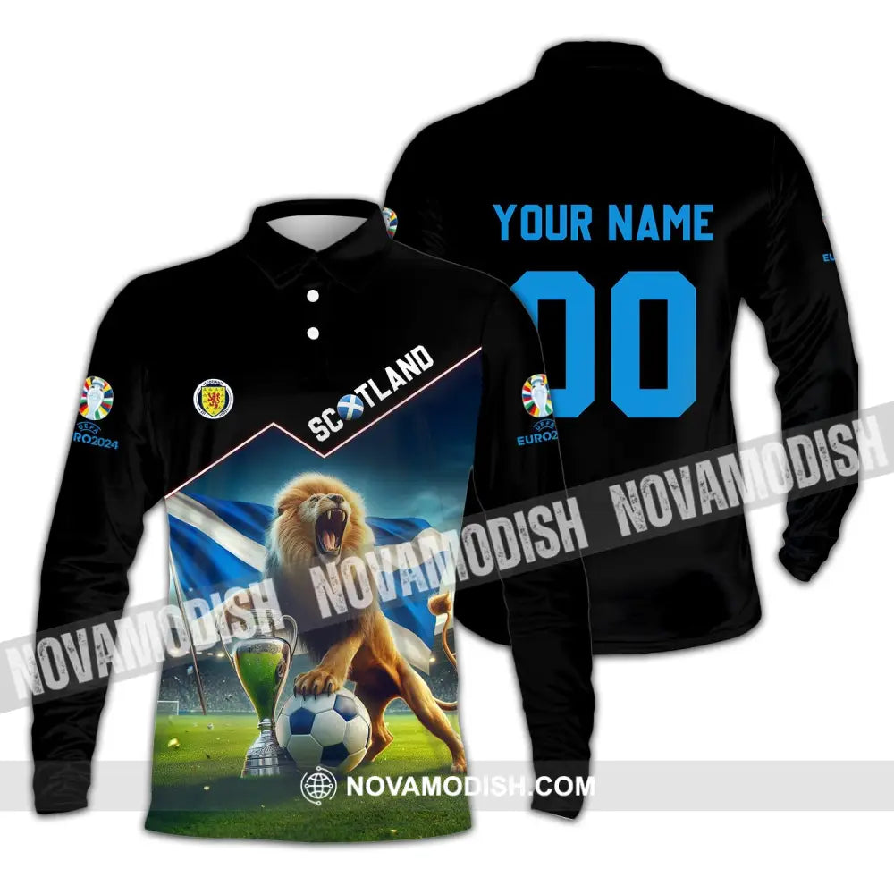 Unisex Shirt - Custom Name And Number Euro 2024 Scotland Team Lover Lion Shirt Long Sleeve Polo / S T-shirt