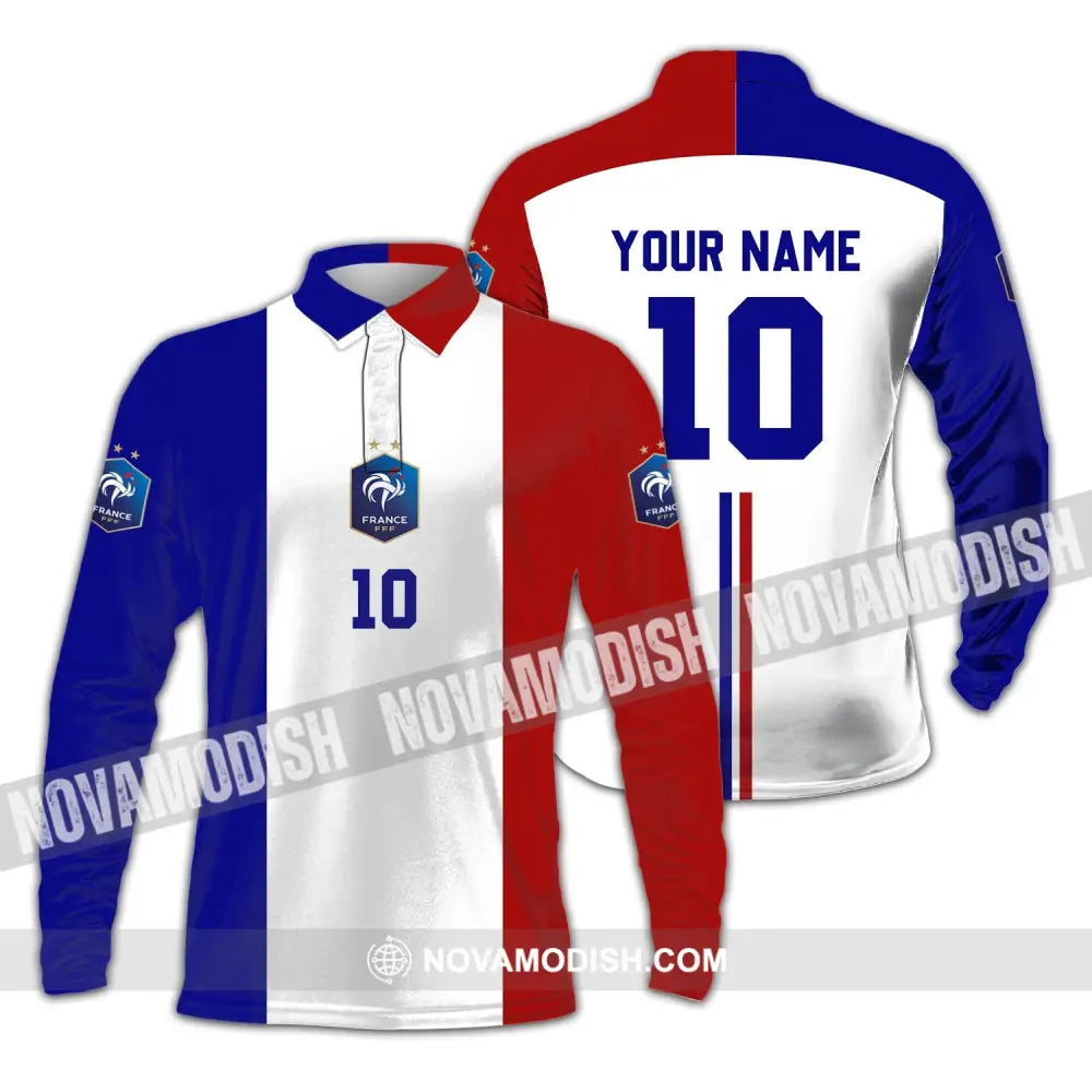 Unisex Shirt - Custom Name And Number Euro 2024 Shirt Three Color Of Flag France National Team Shirt Long Sleeve Polo