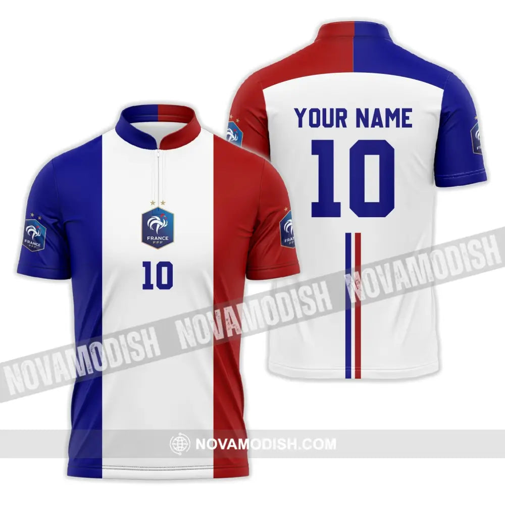 Unisex Shirt - Custom Name And Number Euro 2024 Shirt Three Color Of Flag France National Team Shirt Zipper Polo Shirt