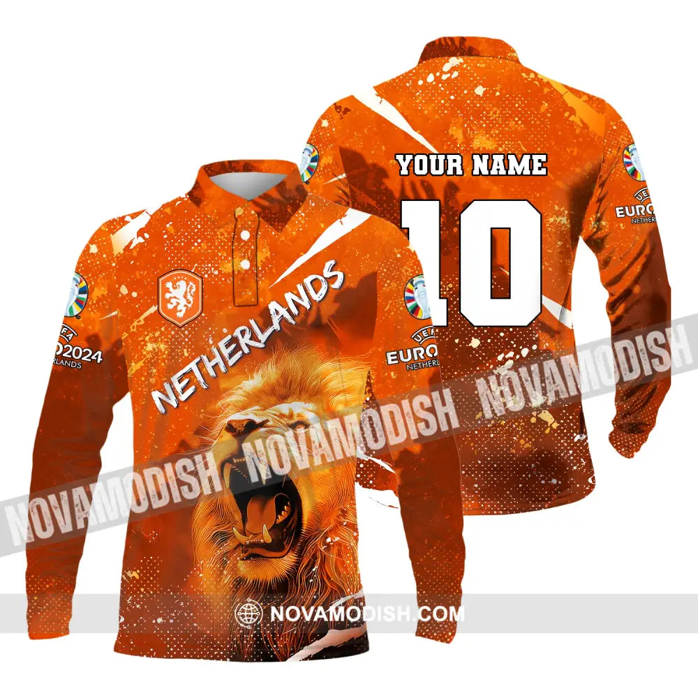 Unisex Shirt Custom Name And Number Football T-Shirt Euro 2024 Netherlands Polo Long Sleeve / S