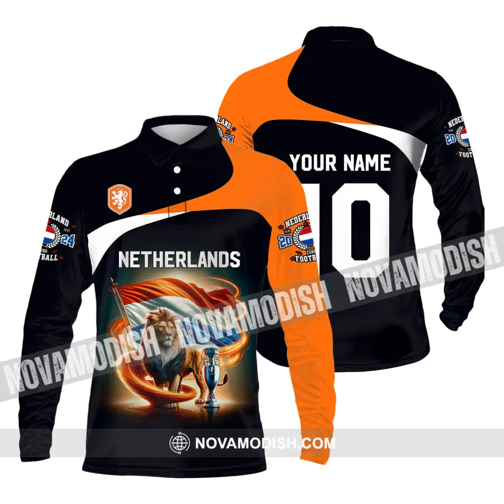 Unisex Shirt Custom Name And Number Football T-Shirt Euro 2024 Netherlands Polo Long Sleeve / S