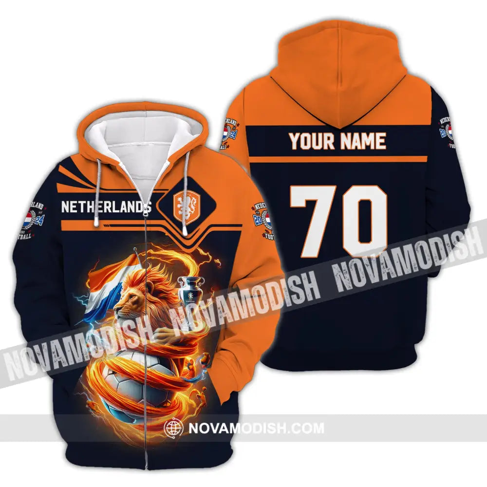 Unisex Shirt Custom Name And Number Football T-Shirt Euro 2024 Netherlands Polo Long Sleeve Zipper