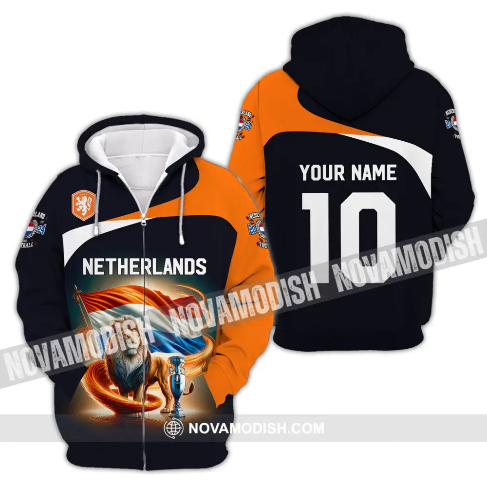 Unisex Shirt Custom Name And Number Football T-Shirt Euro 2024 Netherlands Polo Long Sleeve Zipper