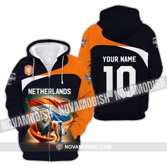 Unisex Shirt Custom Name And Number Football T-Shirt Euro 2024 Netherlands Polo Long Sleeve Zipper