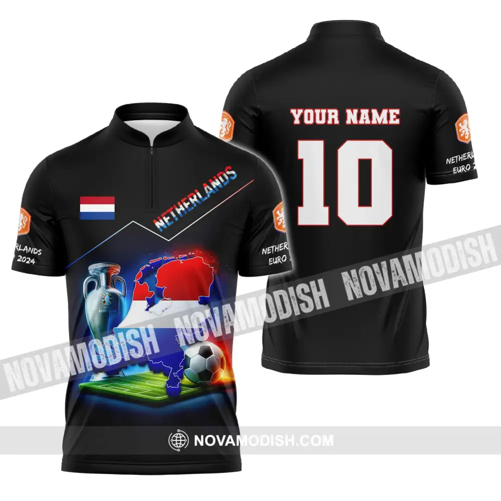 Unisex Shirt Custom Name And Number Football T-Shirt Euro 2024 Netherlands Polo Long Sleeve Zipper