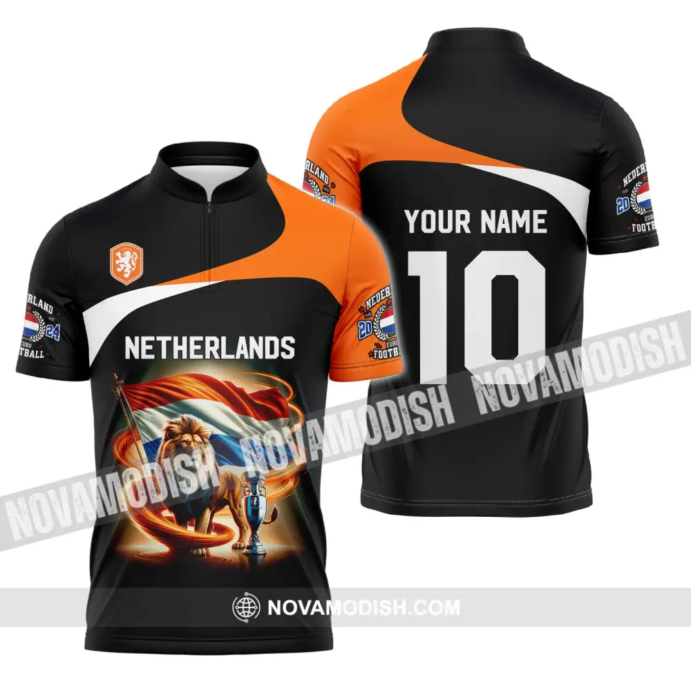 Unisex Shirt Custom Name And Number Football T-Shirt Euro 2024 Netherlands Polo Long Sleeve Zipper