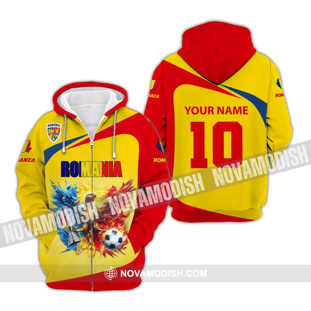 Unisex Shirt Custom Name And Number Football T-Shirt Euro 2024 Romania Polo Long Sleeve Zipper