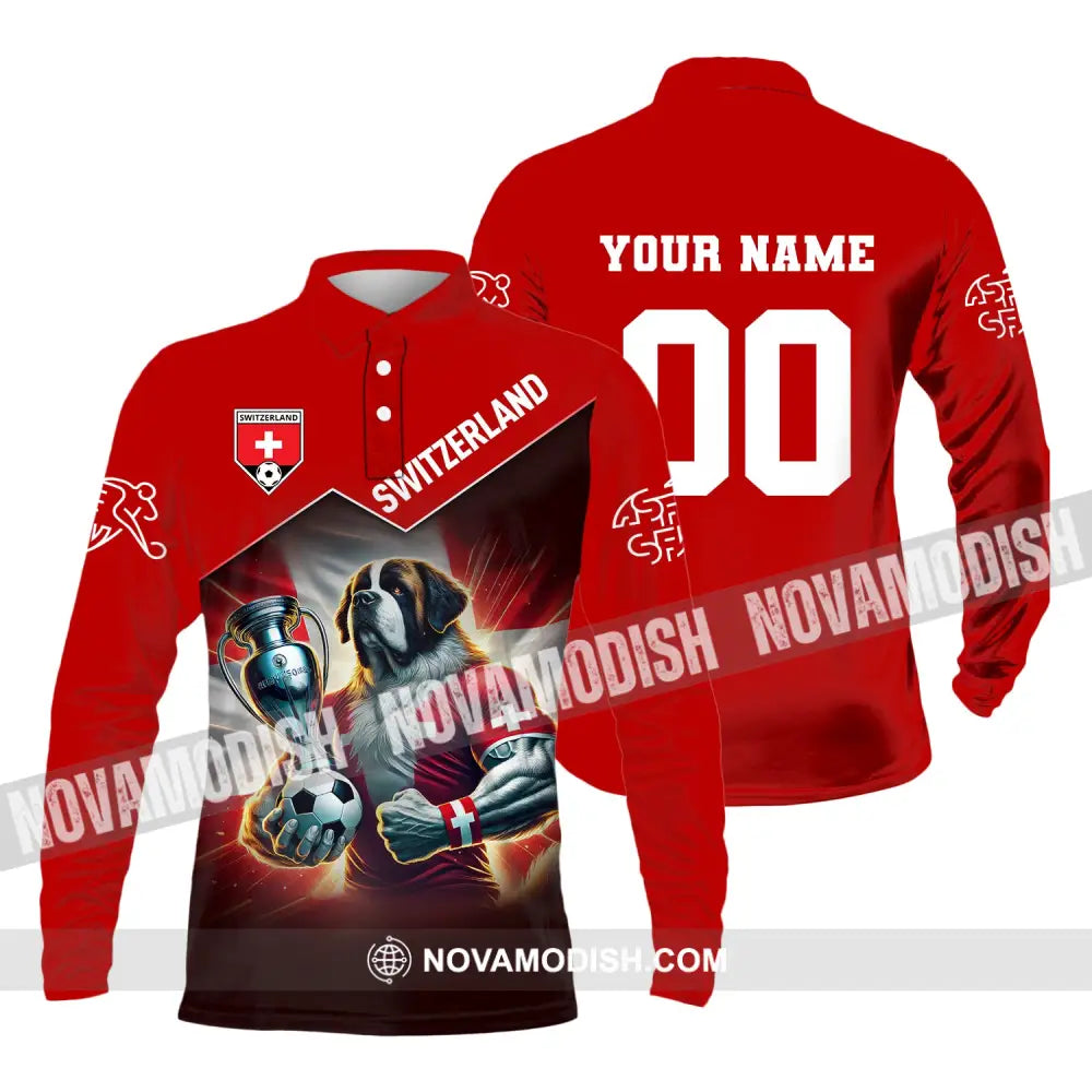 Unisex Shirt Custom Name And Number Football T-Shirt Euro 2024 Switzerland Polo Long Sleeve / S