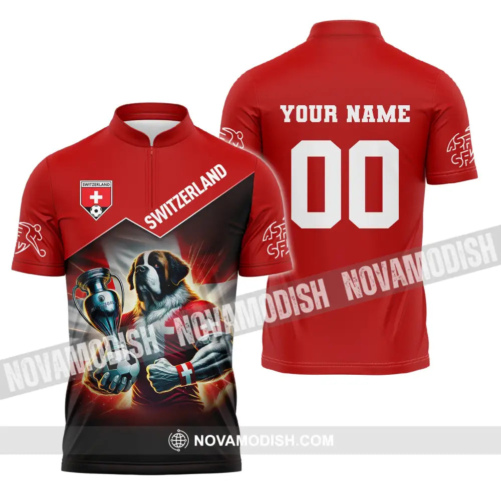 Unisex Shirt Custom Name And Number Football T-Shirt Euro 2024 Switzerland Polo Long Sleeve Zipper