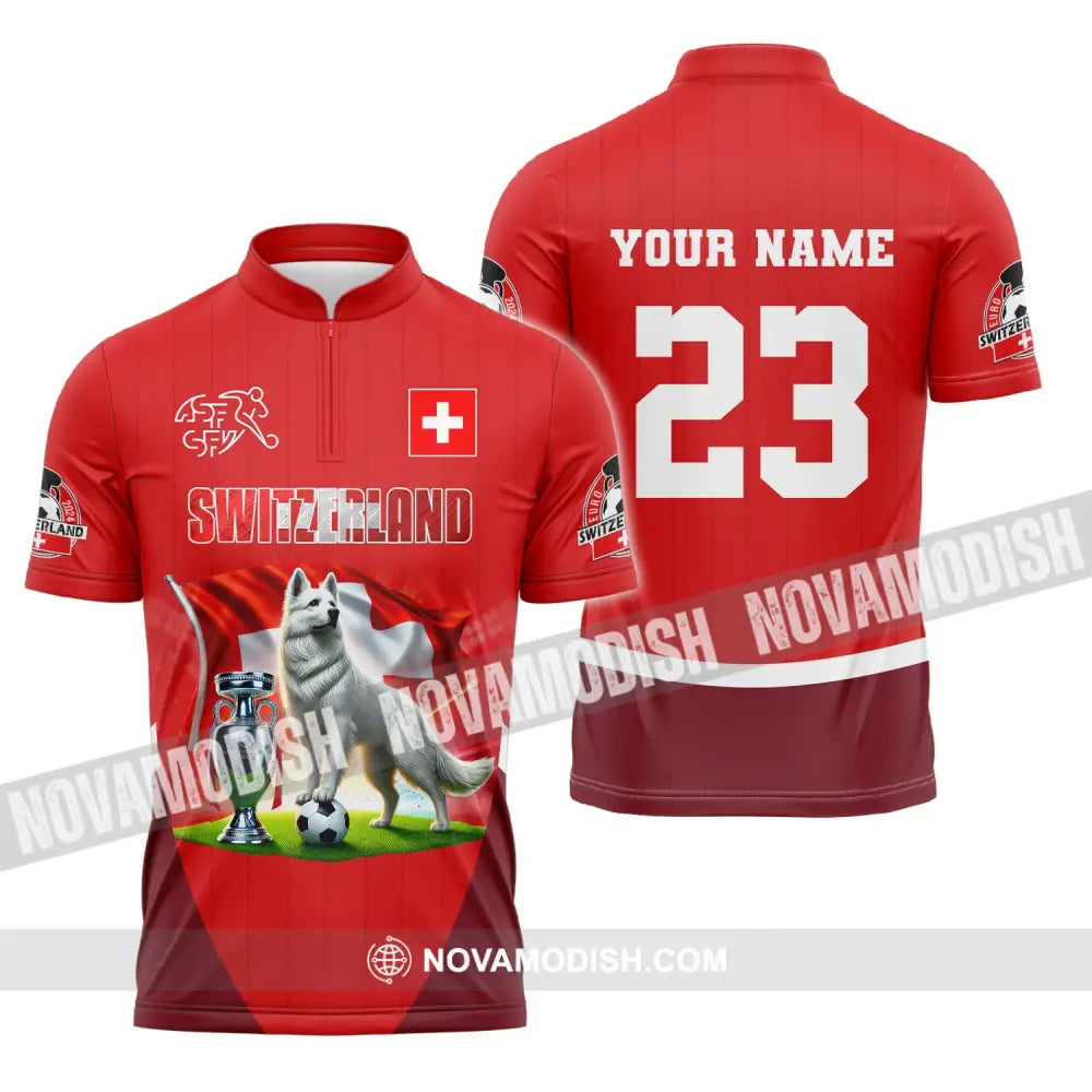 Unisex Shirt Custom Name And Number Football T-Shirt Euro 2024 Switzerland Polo Long Sleeve Zipper