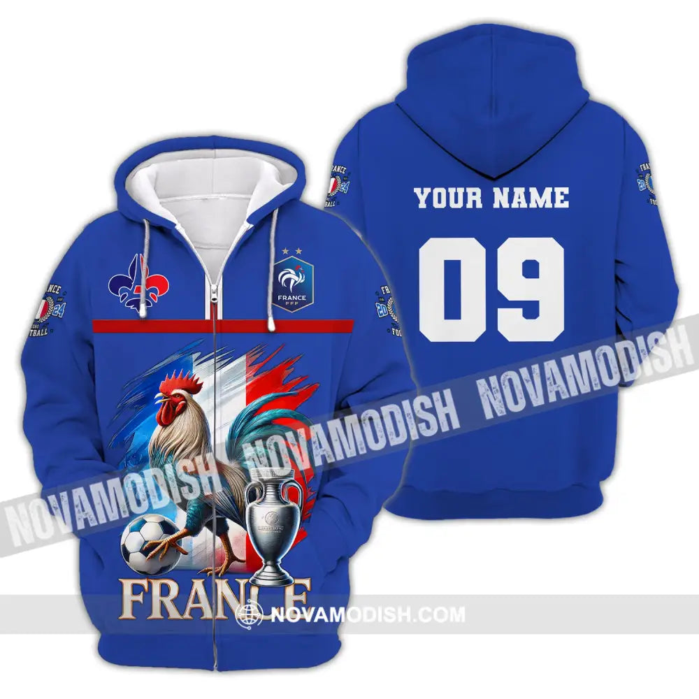 Unisex Shirt Custom Name And Number France Euro 2024 Football Uefa Polo Long Sleeve Zipper Hoodie /