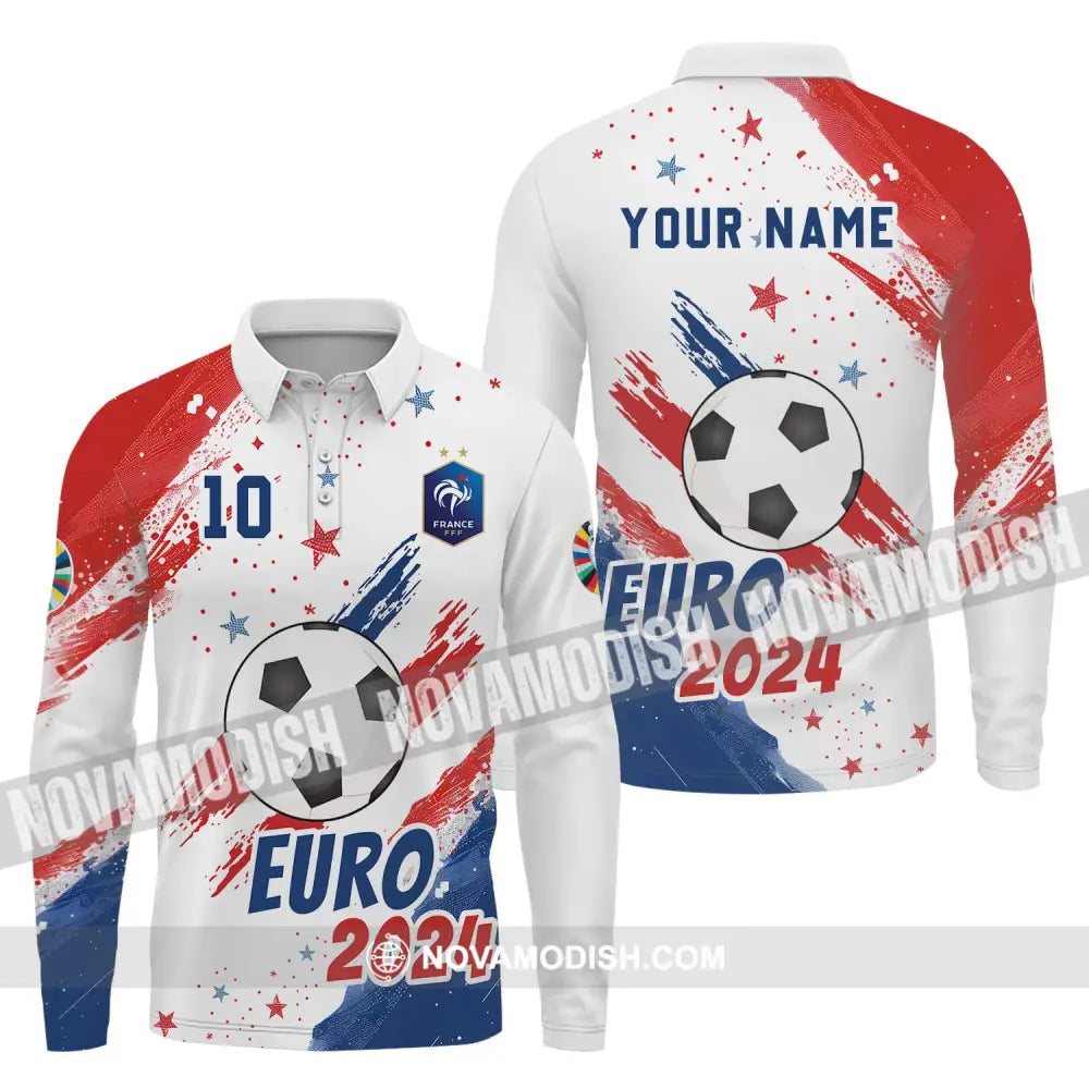 Unisex Shirt - Custom Name And Number Shirt France Team Light Stars Euro 2024 Long Sleeve Polo / S T-shirt