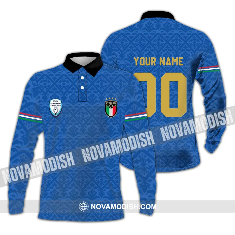 Unisex Shirt - Custom Name And Number Italy National Team Blue Color Shirt Long Sleeve Polo / S T-shirt