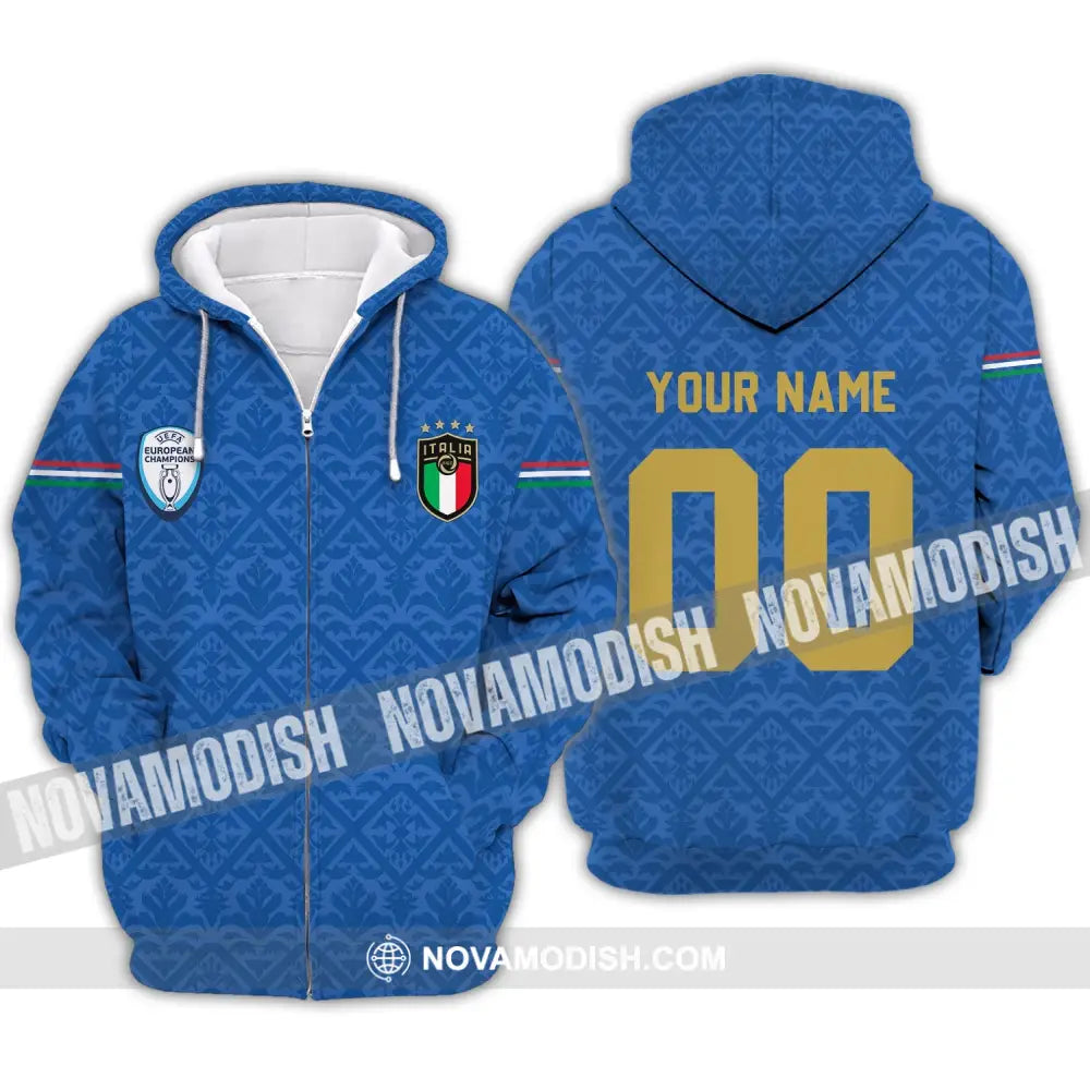Unisex Shirt - Custom Name And Number Italy National Team Blue Color Shirt Zipper Hoodie / S T-shirt