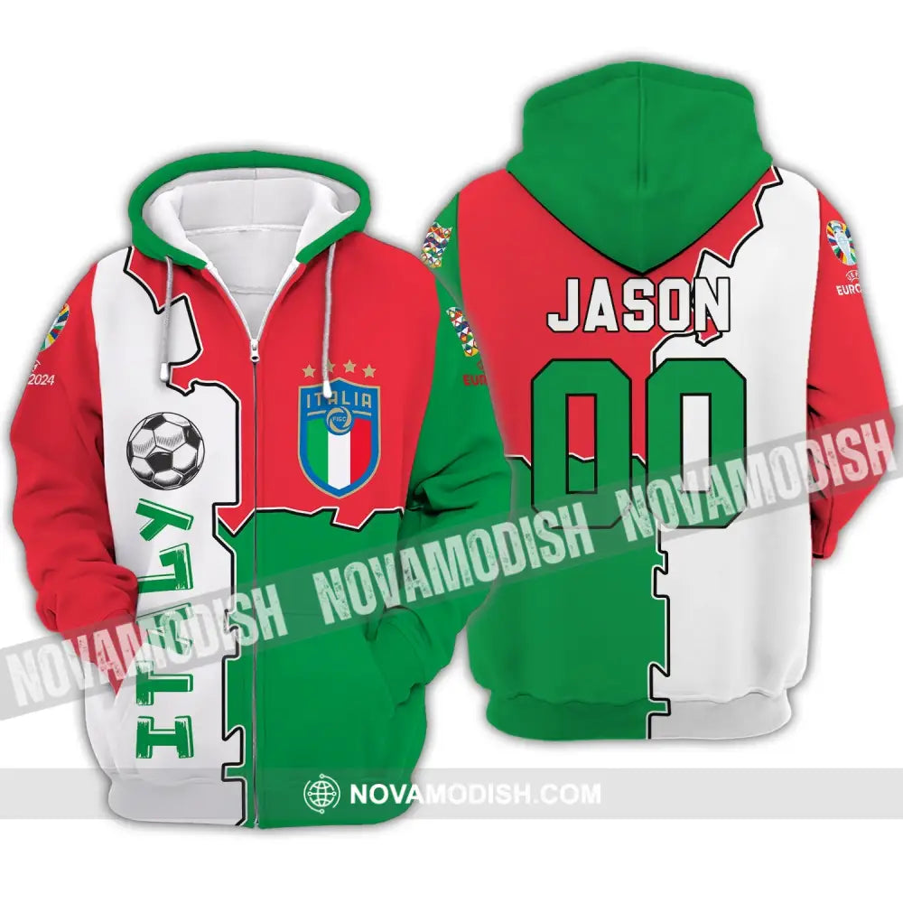 Unisex Shirt - Custom Name And Number Italy National Team Euro 2024 Flag Color Shirt Zipper Hoodie / S T-shirt