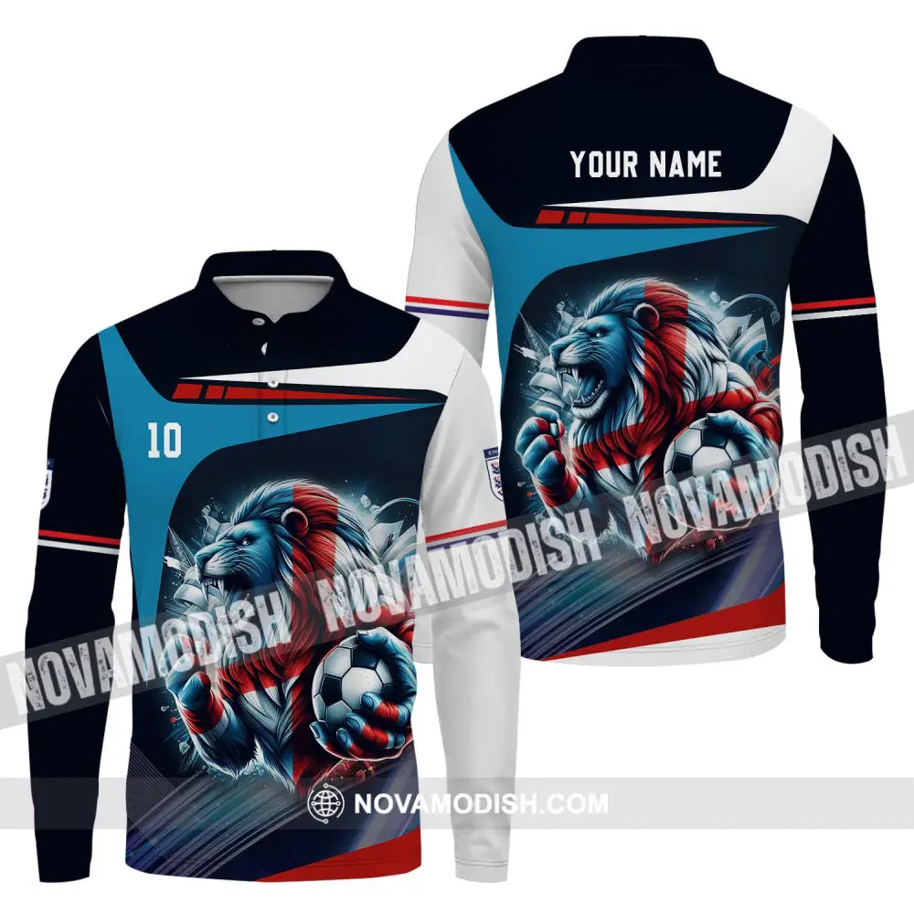 Unisex Shirt - Custom Name And Number Lion England Euro 2024 Team Shirt Long Sleeve Polo / S T-shirt