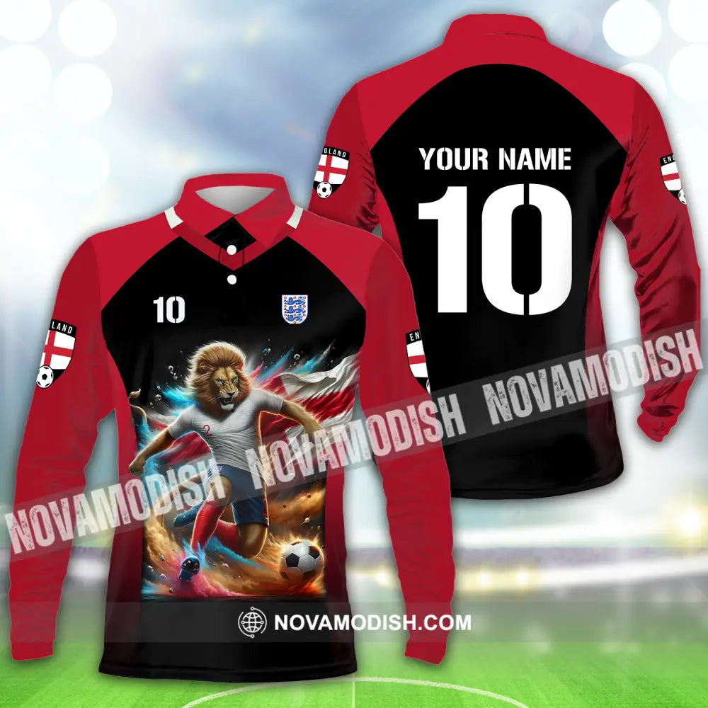 Unisex Shirt - Custom Name And Number Lion Playing Ball England Euro 2024 Long Sleeve Polo / S T-shirt