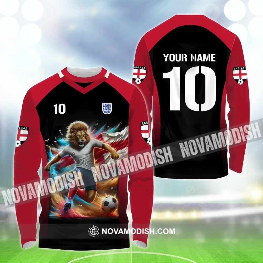 Unisex Shirt - Custom Name And Number Lion Playing Ball England Euro 2024 Long Sleeve Shirt / S T-shirt