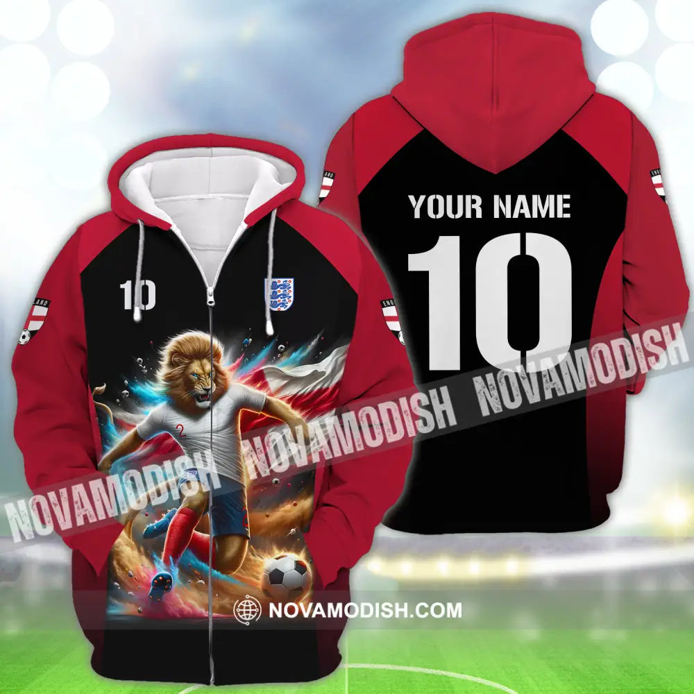 Unisex Shirt - Custom Name And Number Lion Playing Ball England Euro 2024 Zipper Hoodie / S T-shirt