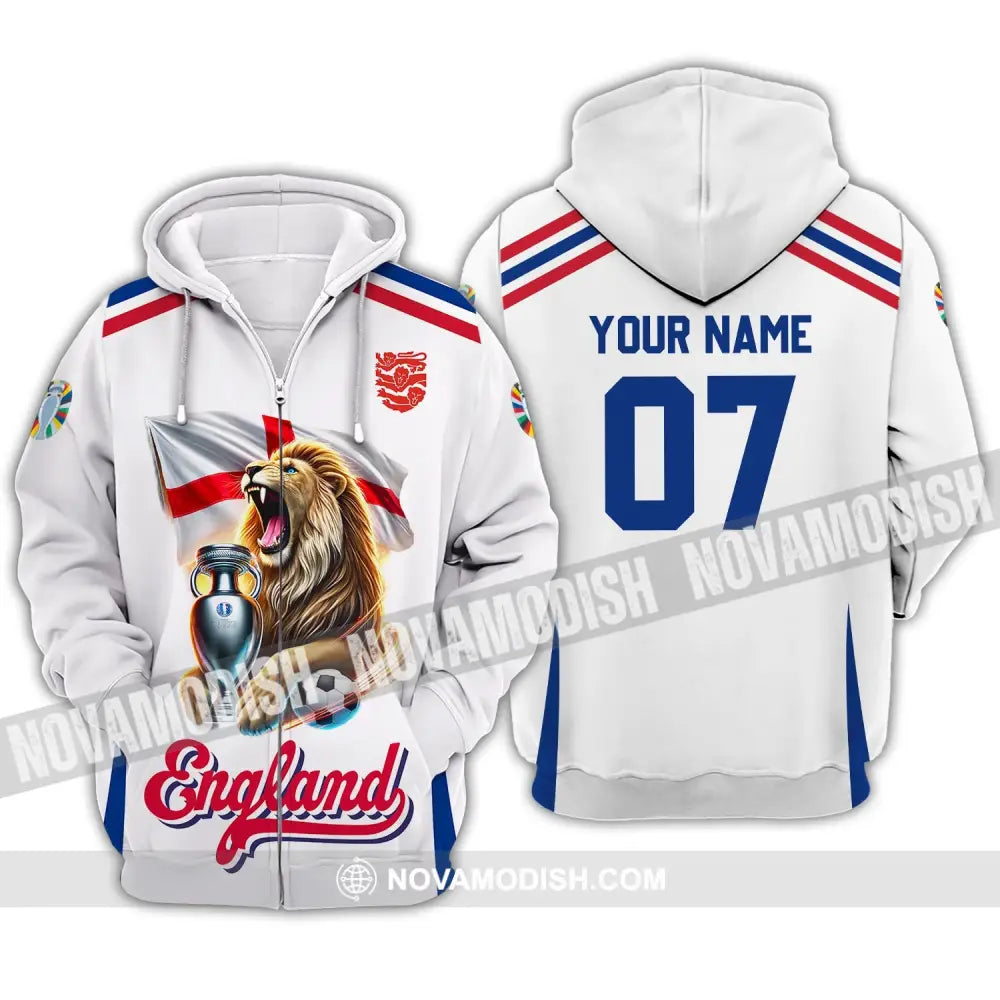 Unisex Shirt - Custom Name And Number National Team Euro 2024 Lion England Zipper Hoodie / S T-Shirt