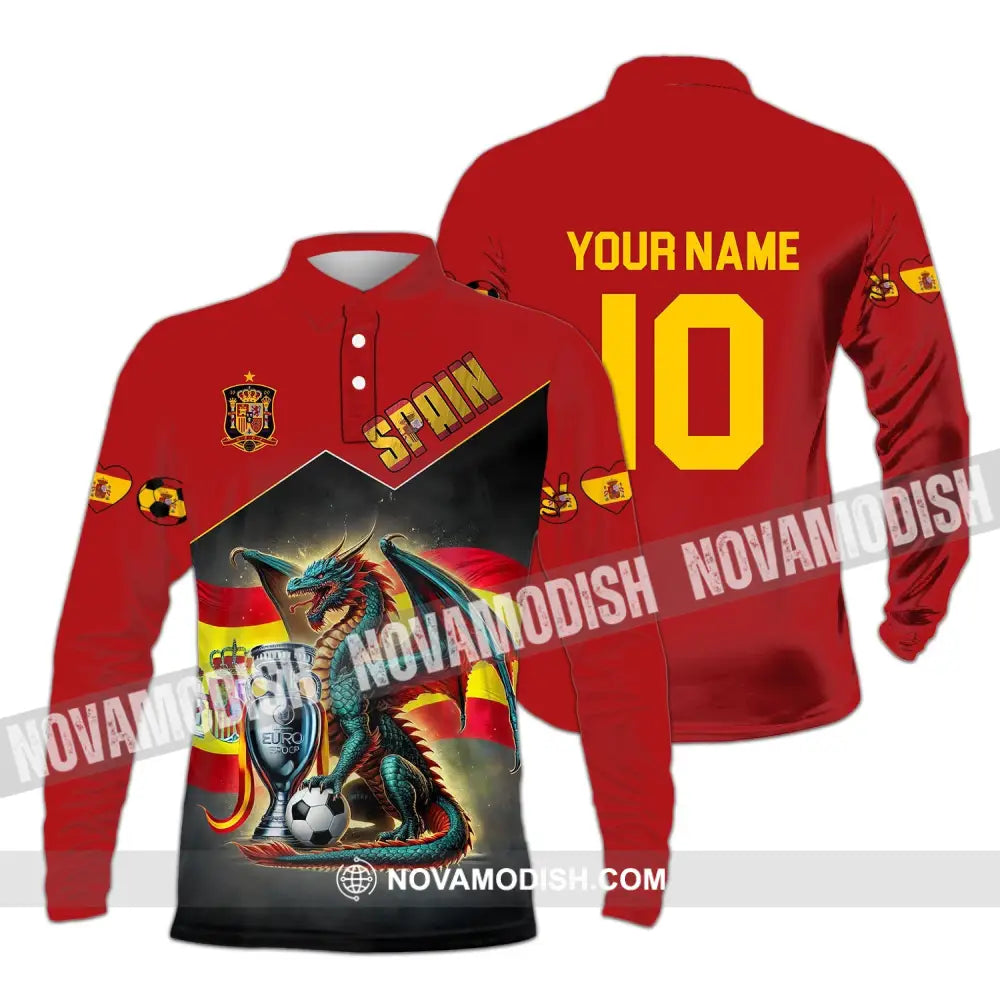 Unisex Shirt - Custom Name And Number National Team Spain Heart Ball Fly Dragon Long Sleeve Polo /