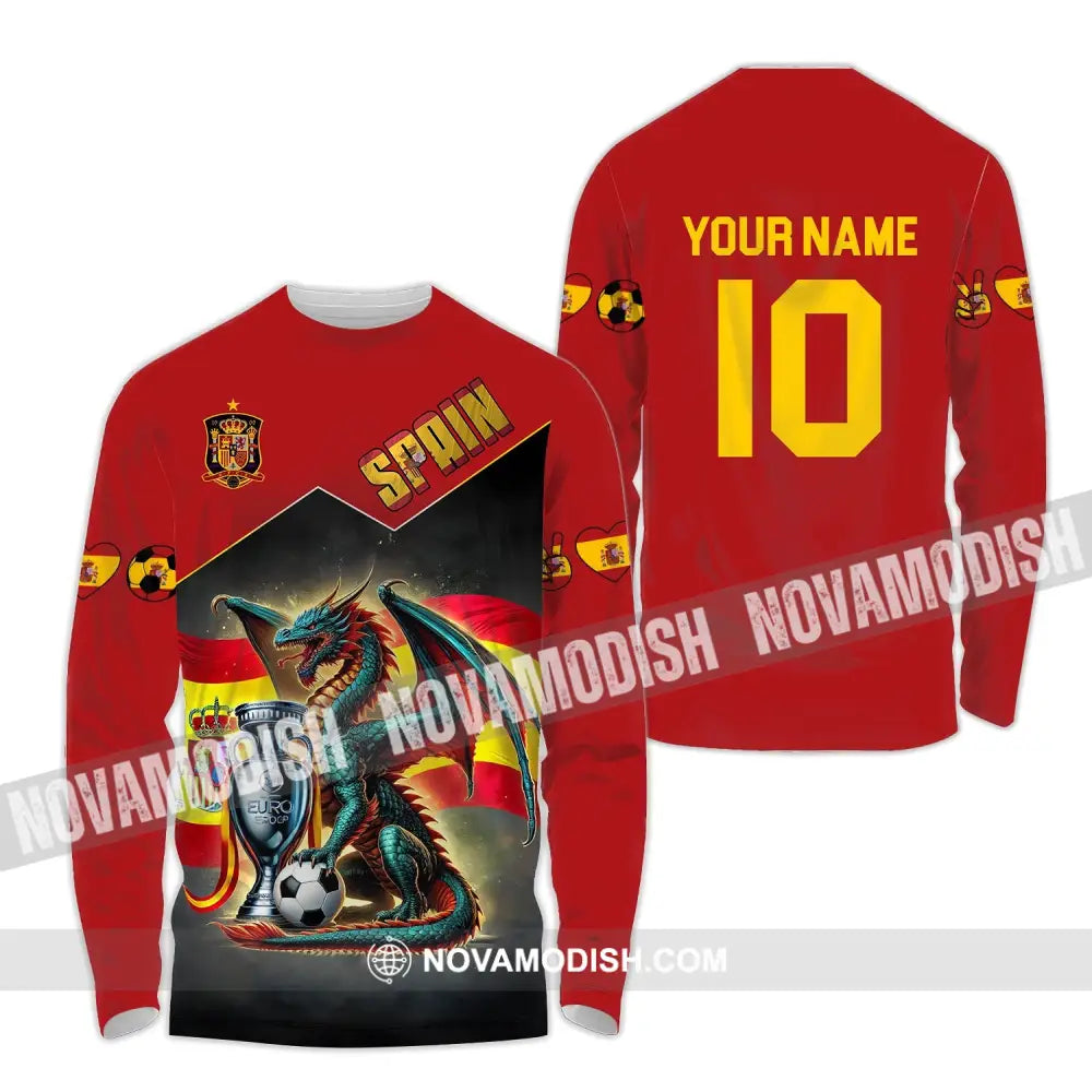 Unisex Shirt - Custom Name And Number National Team Spain Heart Ball Fly Dragon Long Sleeve / S