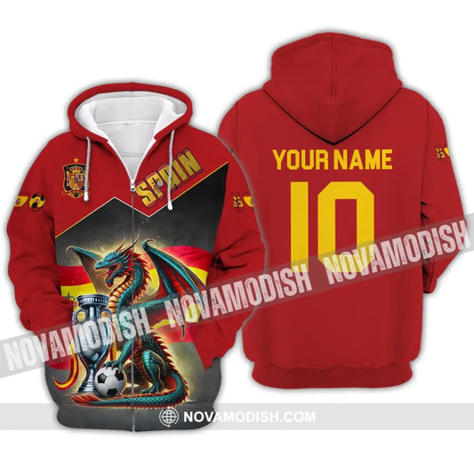 Unisex Shirt - Custom Name And Number National Team Spain Heart Ball Fly Dragon Zipper Hoodie / S