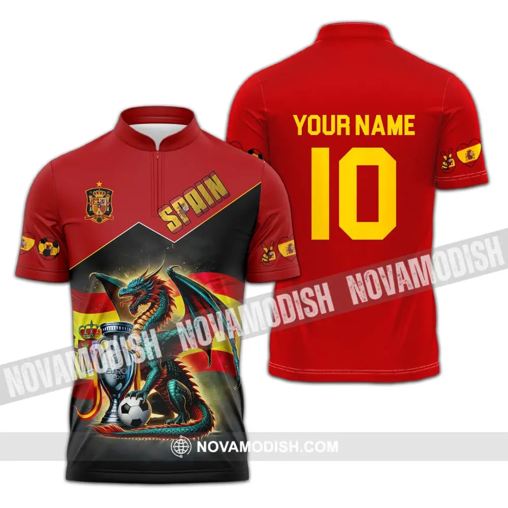 Unisex Shirt - Custom Name And Number National Team Spain Heart Ball Fly Dragon Zipper Polo / S