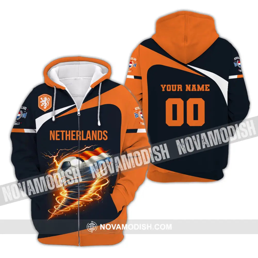 Unisex Shirt Custom Name And Number Netherlands Euro 2024 Football Polo Long Sleeve Zipper Hoodie /