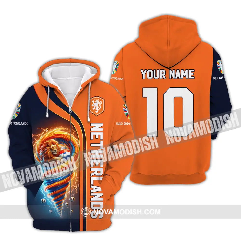 Unisex Shirt Custom Name And Number Netherlands Euro 2024 Football Polo Long Sleeve Zipper Hoodie /