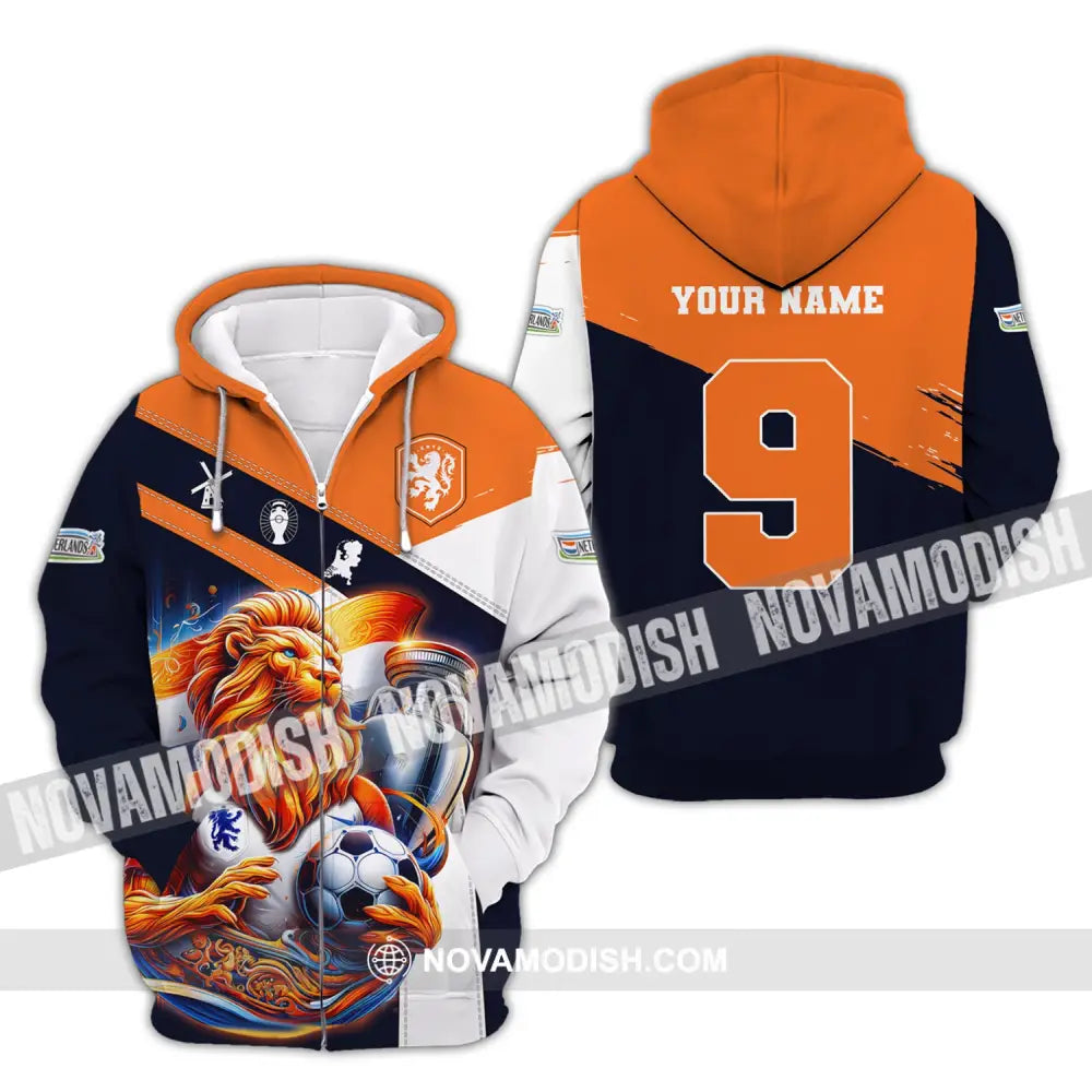 Unisex Shirt Custom Name And Number Netherlands Euro 2024 Football Polo Long Sleeve Zipper Hoodie /